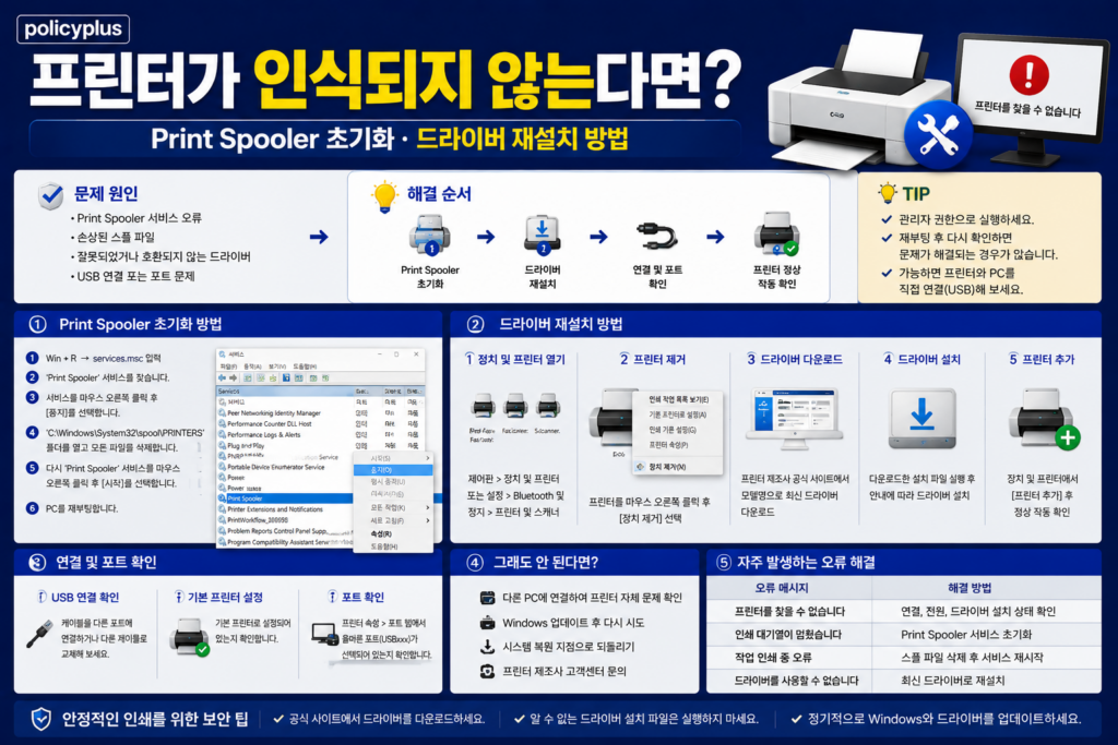 프린터가 인식되지 않는다면? Print Spooler 초기화·드라이버 재설치 방법