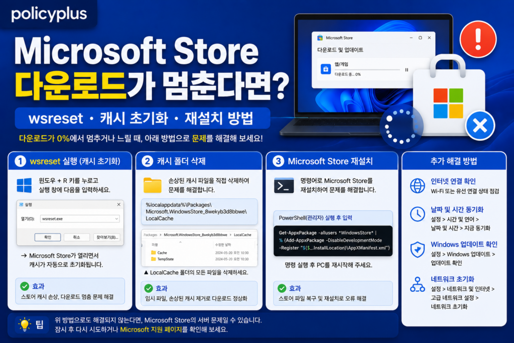 Microsoft Store 다운로드가 멈춘다면?