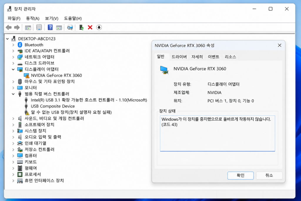 Windows 11 장치 관리자에서 노란색 느낌표와 코드 43이 표시된 화면