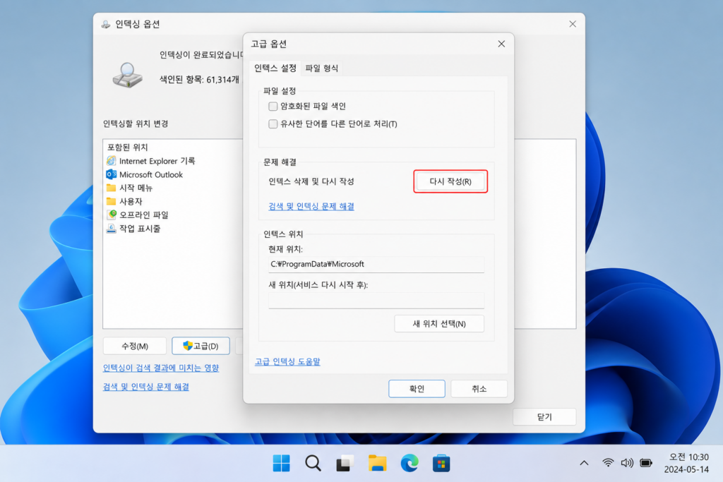 Windows 11 인덱싱 옵션 고급 화면의 다시 작성 버튼 화면
