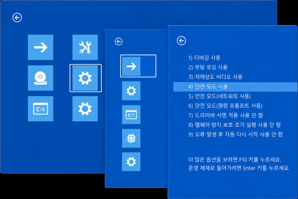 Windows 복구 환경의 시작 설정과 안전 모드 선택 화면 만들어줘 제목은 제외