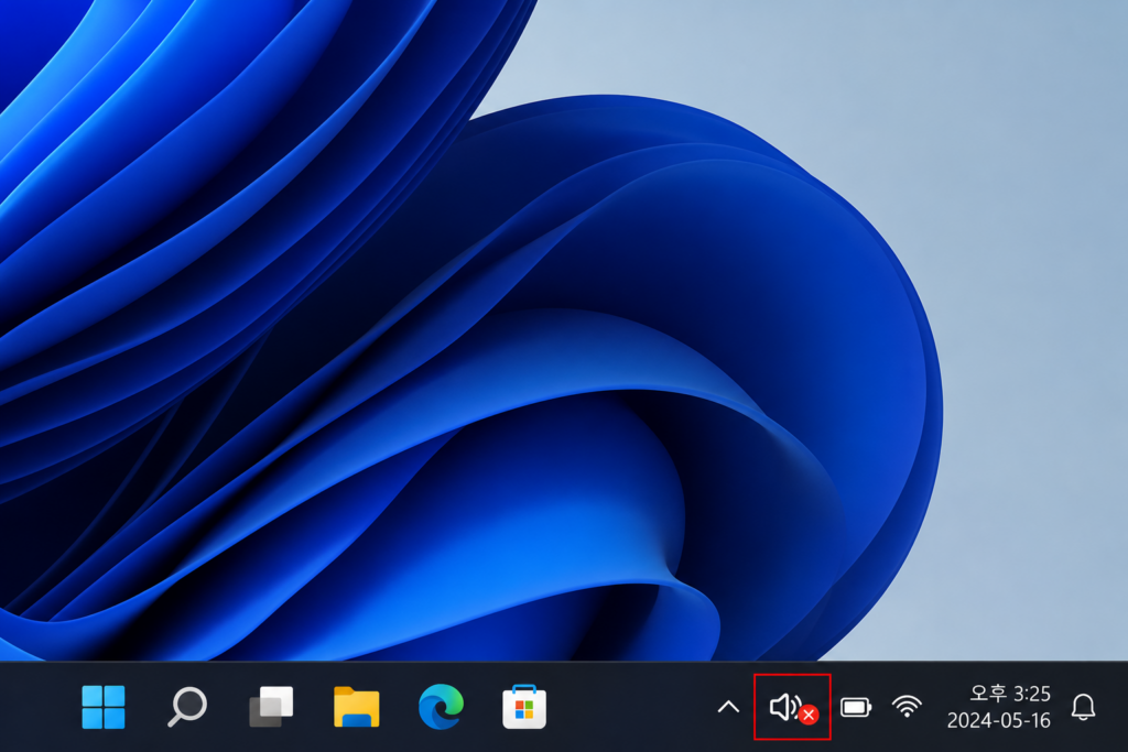 Windows 11 작업 표시줄의 스피커 아이콘에 X 표시가 나타난 화면