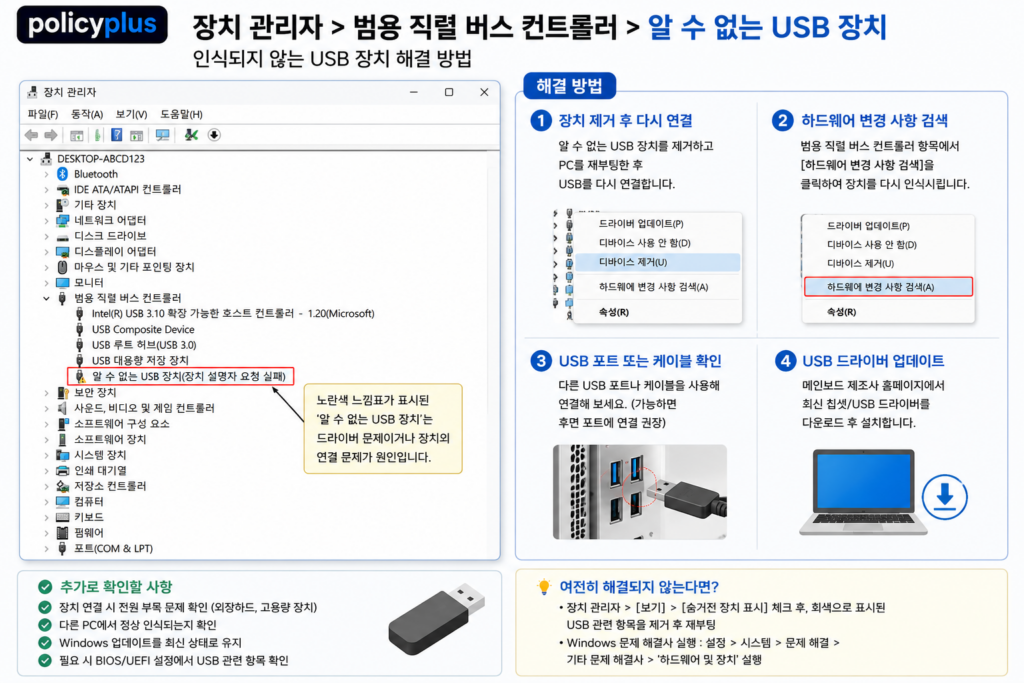 장치 관리자 알 수 없는 USB 장치 확인 방법